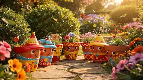 illustration pots de fleurs personnages enfants