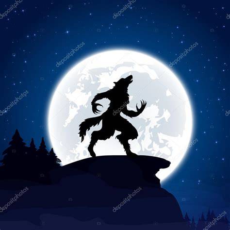 illustration nocturne de loup-garou et pleine lune